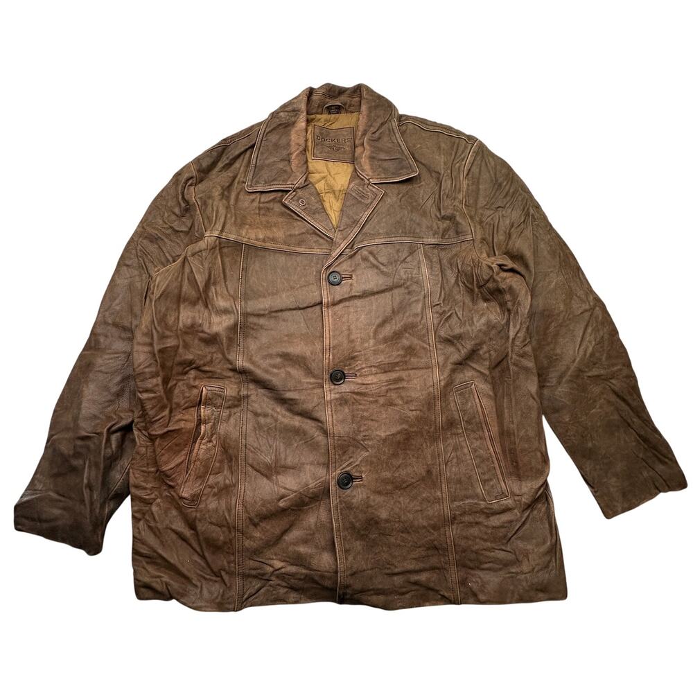 Vintage Dockers Brown Distressed Leather Coat Mens XL Button Trench Button Lined